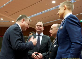 Ministerit tapasivat yleisten asioiden neuvostossa tiistaina. Kuvassa vasemmalta: Saksan ulkoministeri Michael Link, Tanskan Eurooppa-ministeri Nicolai Wammen, Ranskan Eurooppa-ministeri Bernard Cazeneuve ja Suomen Eurooppa- ja ulkomaankauppaministeri Alexander Stubb.