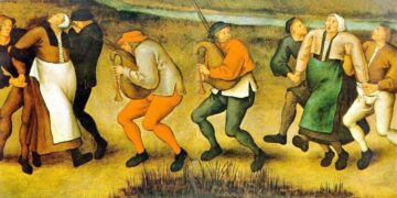 Pieter Brueghel nuoremman (1564–1638) maalaus tanssimaniasta Molenbeekissa (vas.).