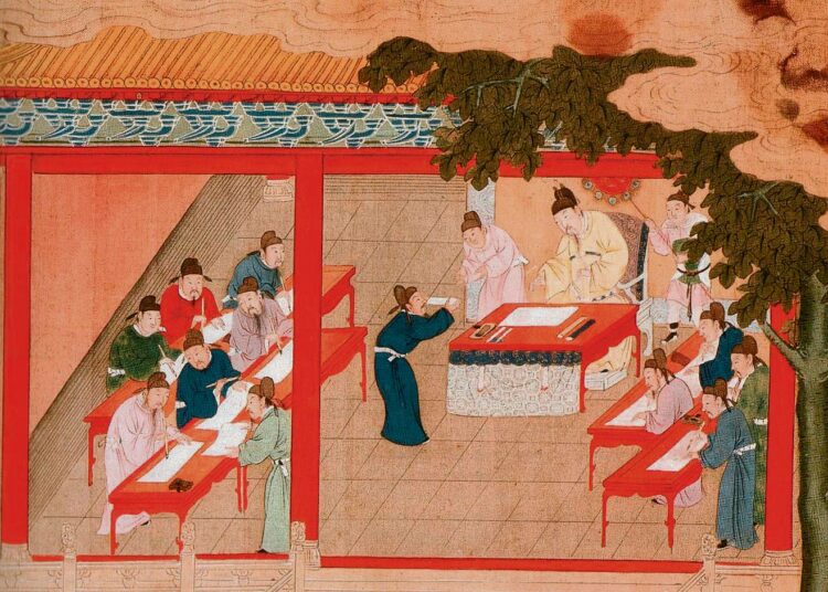 Hallintovirkamiehiä keisarin palatsissa Bianjingissa, maalaus Song-dynastian ajalta.