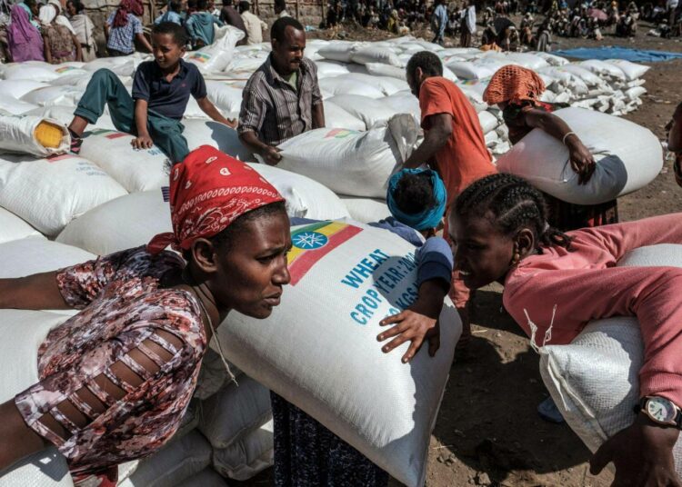 Etiopian liittovaltio jakoi vehnäsäkkejä Alamatassa joulukuussa 2020.
