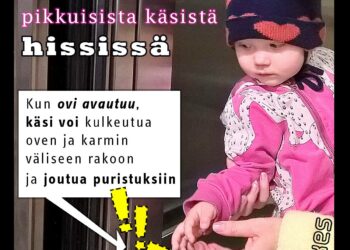 Avautuva hissin ovi on tuntematon, vakava vaara pienille sormille.