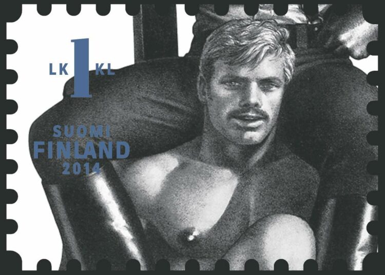 Yksi syyskuussa julkaistavan Tom of Finland -sarjan postimerkeistä.