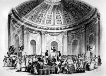 Orjien huutokauppa New Orleansissa vuonna 1842. Vapauden aatteen suuret puolestapuhujat saattoivat samaan aikaan olla orjanomistajia.