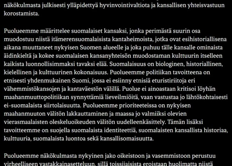 Kuvakaappaus Sinimustan liikkeen julkistamasta ohjelmasta.
