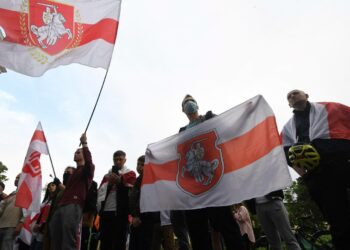 Ukrainassa asuvat valkovenäläiset osoittivat mieltä toukokuussa Kiovassa Valko-Venäjän hallintoa vastaan.