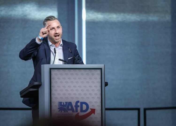 AfD-puolueen Ulrich Siegmund puhui Magdeburgissa huhtikuussa järjestetyssä paikallisessa puoluekokouksessa.