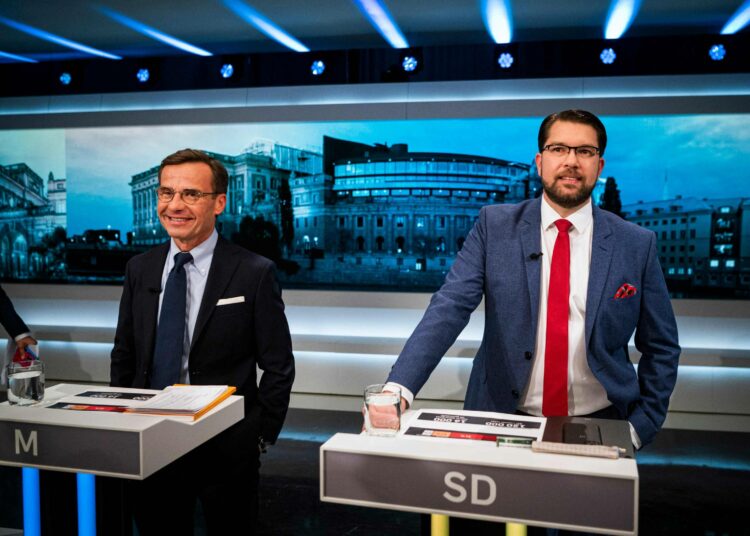 Ruotsidemokraattien Jimmie Åkesson ja kokoomuksen Ulf Kristersson vaaliväittelyssä syyskuussa.