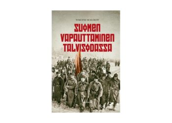 Puna-armeija marssii hymyssä suin Suomea vapauttamaan nimimerkki Timofei Malikovin kirjan kannessa.