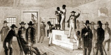 Kuvassa taiteilijan näkemys orjahuutokaupasta Yhdysvaltain Virginiassa.