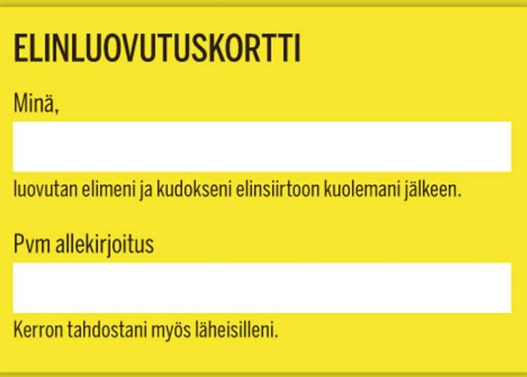 Elinluovutuskortilla voit helposti ilmaista kantasi elinluovutuksiin.