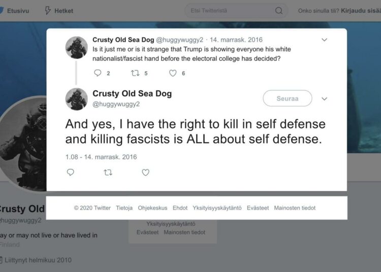 Vasemmistoliiton läntisen alueen toiminnanjohtajan Misha Dellingerin perustamalta Twitter-tililtä on jaettu väkivaltaa ihannoivia viestejä.