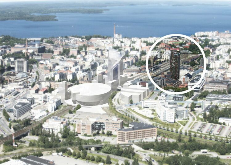Tornihotelli (ympyröity) nousee Tampereen tullin alueelle. Siinä on 25 maanpäällistä kerrosta ja kaksi kerrosta maan alla. Arkkitehtitoimiston suunnittelukuvassa on myös muita ajateltuja uusia rakennuksia.