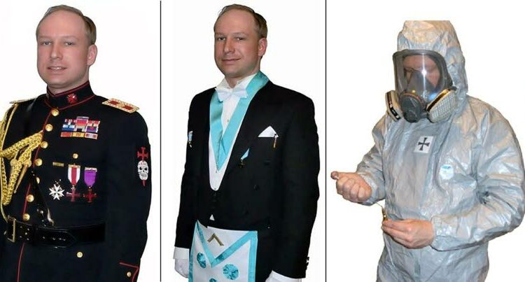 Anders Behring Breivik julkaisi 1 500-sivuisen manifestinsa päätteeksi joukon poseerauskuvia. Sukelluspuvun (oik.) olkamerkissä lukee: ”Marxilaisten metsästäjä, Norjan monikulttuuri-petturien metsästyslupa".