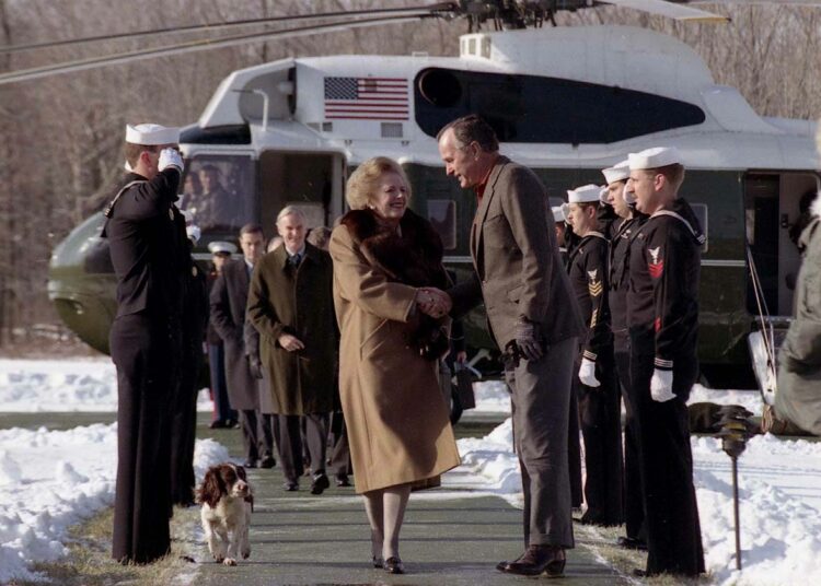 Margaret Thatcher ja George H.W. Bush Camp Davidissa marraskuussa 1989.