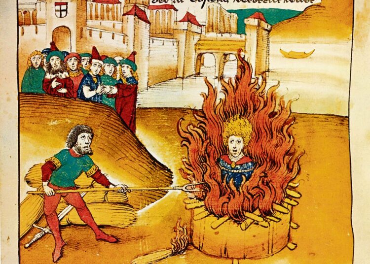Jan Husin kuolema roviolla Spiezer Chronikin (1485) mukaan.