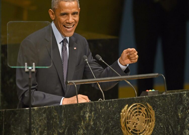 Presidentti Barack Obama puhumassa YK:n ilmastokokouksessa tiistaina.