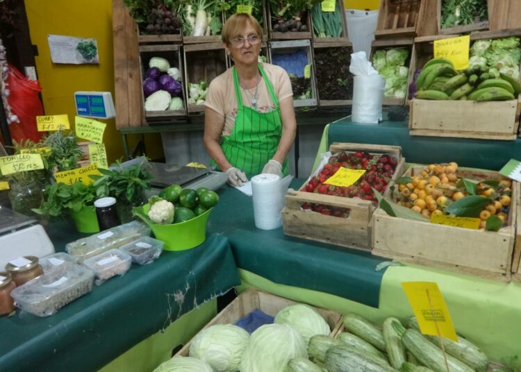 Luomuviljelijä Alicia Della Ceca myy pientilansa tuotteista luomumarketissa Buenos Airesissa.