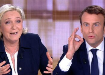 Marine Le Pen ja Emmanuel Macron television vaaliväittelyssään keskiviikkona.