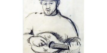 Reidar soittaa mandoliinia. Mauri Favénin croquis-piirustus vuodelta 1949.