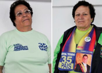 Zoila Falconín (vas.) paidassa on puolueen logo ja teksti: ”Meillä on jo presidentti, meillä on Rafael”. Irma Torresin kaulahuivissa on presidentti Rafael Correan kuva. Irma on pukeutunut korvakoruja myöten puolueen väriin, neonvihreään.