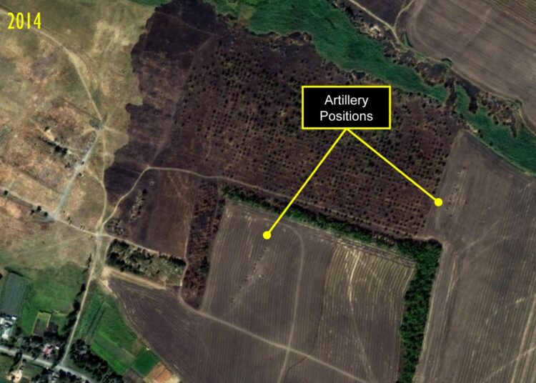 Amnestyn julkaisema satelliittikuva, joka sen mukaan esittää Venäjän tykistöasemia Ukrainan puolella.