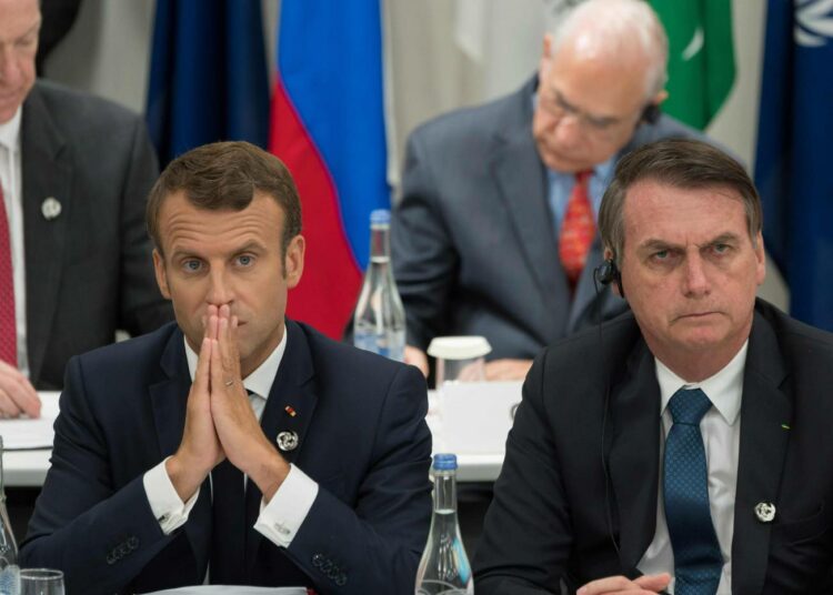 Emmanuel Macron ja Jair Bolsonaro Osakan huippukokouksessa kesäkuun lopulla.