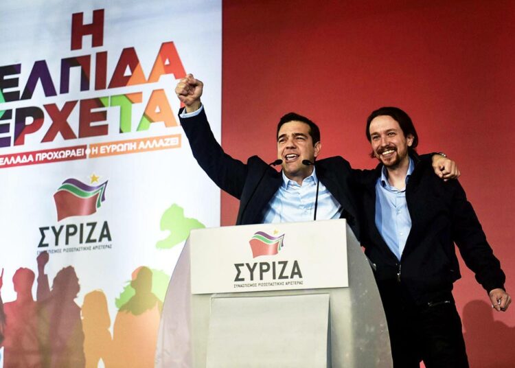Syrizan Alexis Tsipras ja Podemosin Pablo Iglesias ravistelevat Eurooppaa hereille.