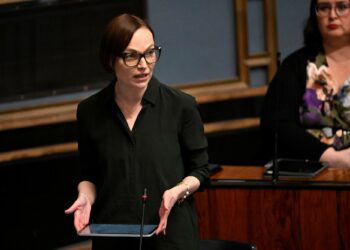 Minja Koskela pitti vasemmistoliiton ryhmäpuheen välikysymyskeskustelussa tiistaina.
