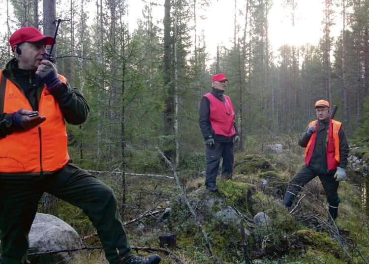 Kyösti Hassinen (vas.), Kauko Jääskeläinen ja Esko Riikonen epätietoisina päivän ainoan laukauksen jälkeen.
