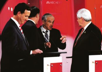 Republikaanien presidenttitaiston näkyvimmät ehdokkaat ovat alusta alkaen olleet Rick Santorum (vas.), Mitt Romney, Ron Paul ja Newt Gingrich.