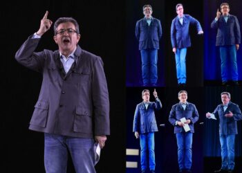 Jean-Luc Mélenchon ja hologrammi-Mélenchonit seitsemässä kaupungissa yhtä aikaa järjestetyssä vaalitilaisuudessa viime viikolla.