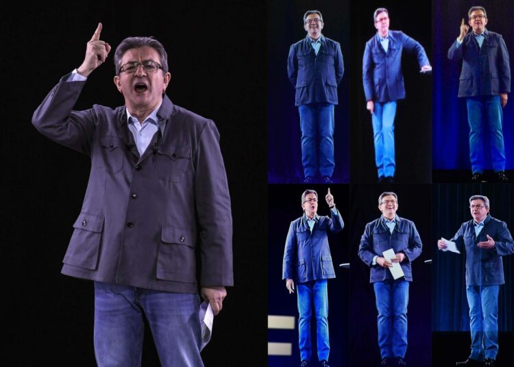 Jean-Luc Mélenchon ja hologrammi-Mélenchonit seitsemässä kaupungissa yhtä aikaa järjestetyssä vaalitilaisuudessa viime viikolla.