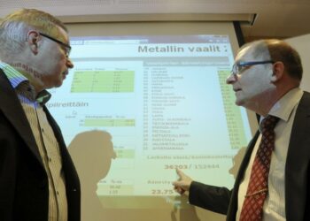 Metalliliiton liittosihteeri Matti Mäkelä ja puheenjohtaja Riku Aalto (oik.) seuraamassa Metalliliiton liittokokousvaalien ääntenlaskennan tulosta.
