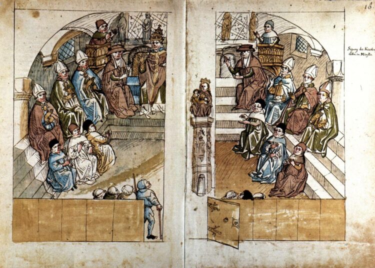 Vanha kuva vuosina 1414–1418 pidetystä Konstanzin kirkolliskokouksesta, jonka piti ratkaista kolmen paavin ongelma.
