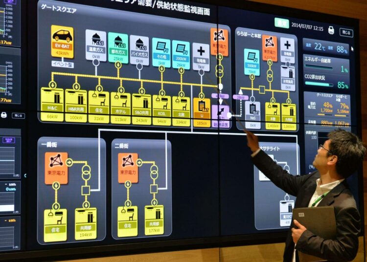 Työntekijä esittelee näyttötaulua, joka kuuluu energiatehokkuusprojektiin Kashiwassa, Suur-Tokion alueella Japanissa.