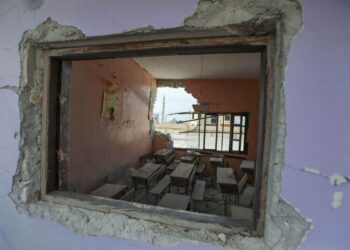 Pommituksessa pahoin vaurioitunut koulu al-Nayrabin kylässä Idlibin maakunnassa Syyriassa.