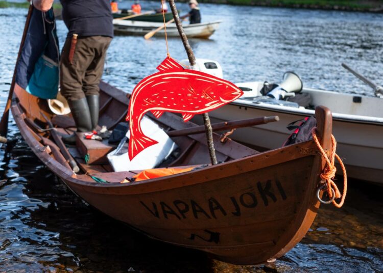 Jouni Pöykkö opastaa lapsilleen jokisoudun saloja. Haastavissa osuuksissa on syytä olla tarkkana, koska paikoittain matala joki kätkee sisälleen vaarallisia kivikkoja.