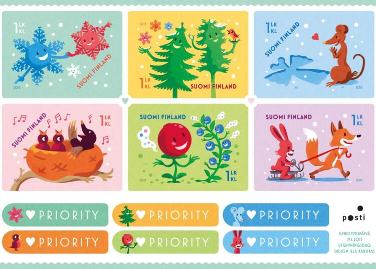 Iloisen talvisia kohtaamisia metsässä. Sellaisia ovat Ilja Karsikkaan suunnittelemat ystävänpäiväpostimerkit.