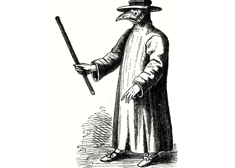 Ruttolääkäri. 1600-luvulta peräisin oleva piirroskuva. Lääkärin maskissa oli yrttejä ja etikkaa ”suojaamassa” tartunnalta.