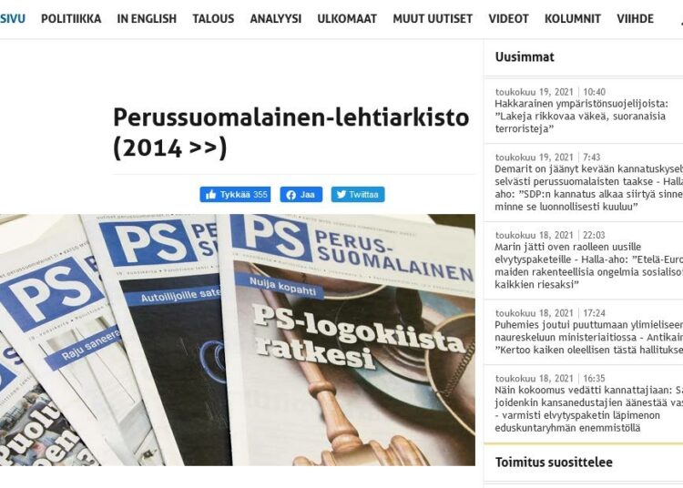 Kirjoittaja on tutustunut Perussuomalainen-lehteen. Kuvakaappaus lehden verkkosivustolta.