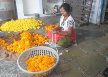 Seema Mali yhden huoneen kodissaan Ahmedabadin Odni Chawl -slummissa. Hän valmistaa kukkaseppeleitä, joita hindutemppeleissä myydään palvojille.
