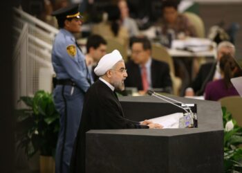 Iranin presidentti Hassan Rouhani puhumassa YK:n yleiskokouksessa syyskuussa.