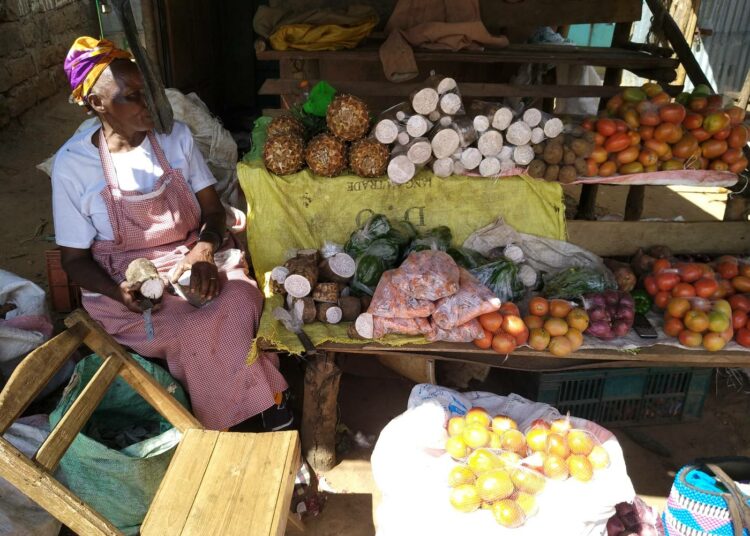Naispuolinen maanviljelijä myymässä tuotteitaan paikallisella torilla Casamencessä, eteläisessä Senegalissa. Saharan eteläpuoleisessa Afrikassa 90 prosenttia epävirallisessa taloudessa työskentelevistä on naisia. Heitä ei suojele minkäänlainen työlainsäädäntö.