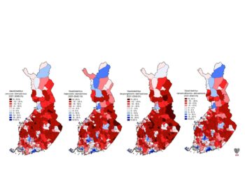 MDI:n väestöennusteen neljä eri skenaariota eroavat lopulta melko vähän. Mitä punaisempi alue, sitä enemmän väestö vähenee vuoteen 2040 mennessä.