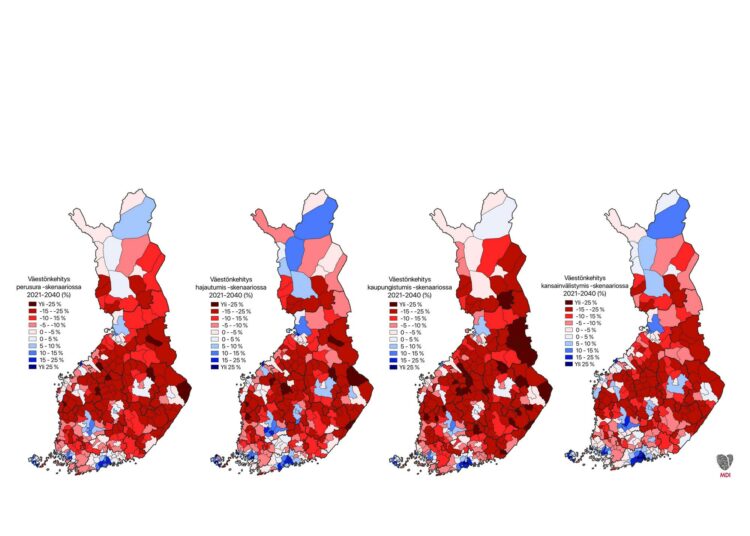MDI:n väestöennusteen neljä eri skenaariota eroavat lopulta melko vähän. Mitä punaisempi alue, sitä enemmän väestö vähenee vuoteen 2040 mennessä.