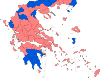 Syriza oli suurin puolue punaisella merkityissä vaalipiireissä, konservatiivinen ND sinisissä.
