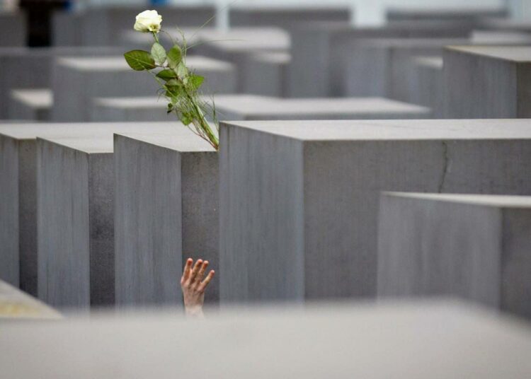 Kävijä viskasi ruusun Berliinin muistomerkin paaden päälle holokaustin uhrien muistopäivänä keskiviikkona.