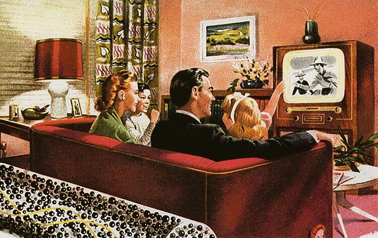 Tyypillisessä amerikkalaisessa 50-luvun lehtimainoksessa istui onnellinen perhe uuden television ääressä.