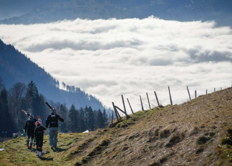 Turistit kantoivat joulukuun lopulla suksiaan lumettomilla Sveitsin Alpeilla.