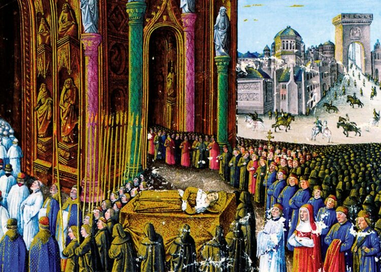 Ristiretkeläiset olivat vallanneet Jerusalemin ja perustaneet sinne kuningaskunnan vuonna 1099. Kuvassa 1400-luvulla tehty maalaus sen ensimmäisen kuninkaan Baldouin I:n hautajaisista vuonna 1118.